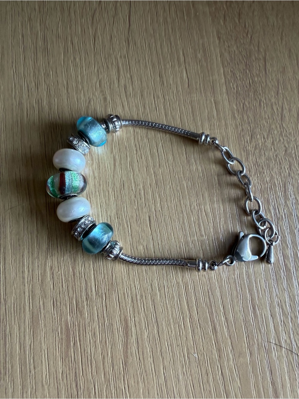 Silver-Tone Bead Charm Bracelet with Blue and White Glass Beads